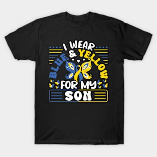 Down Syndrome Support Awareness I Wear Blue & Yellow For My Son Butterfly T-Shirt